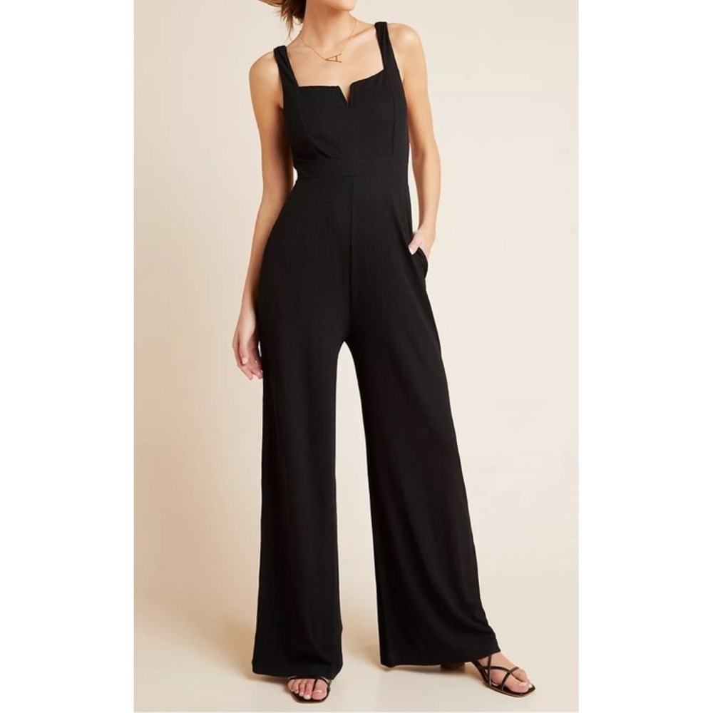 L*Space Selena Black Ribbed Wide Leg Jumpsuit Sleeveless V Neck Pockets Sz M